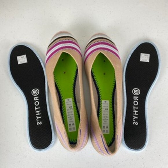 NWOB Rothys Merino The Flat Camel Stripe Flats Slip On Washable Striped Womens 8 - Picture 5 of 8